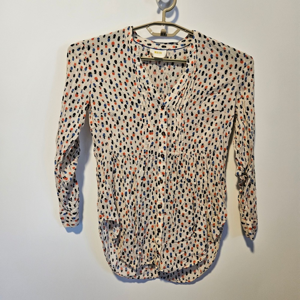 Maeve Anthropologie Button Down Blouse Womens 4P Petite Snowman Office Career